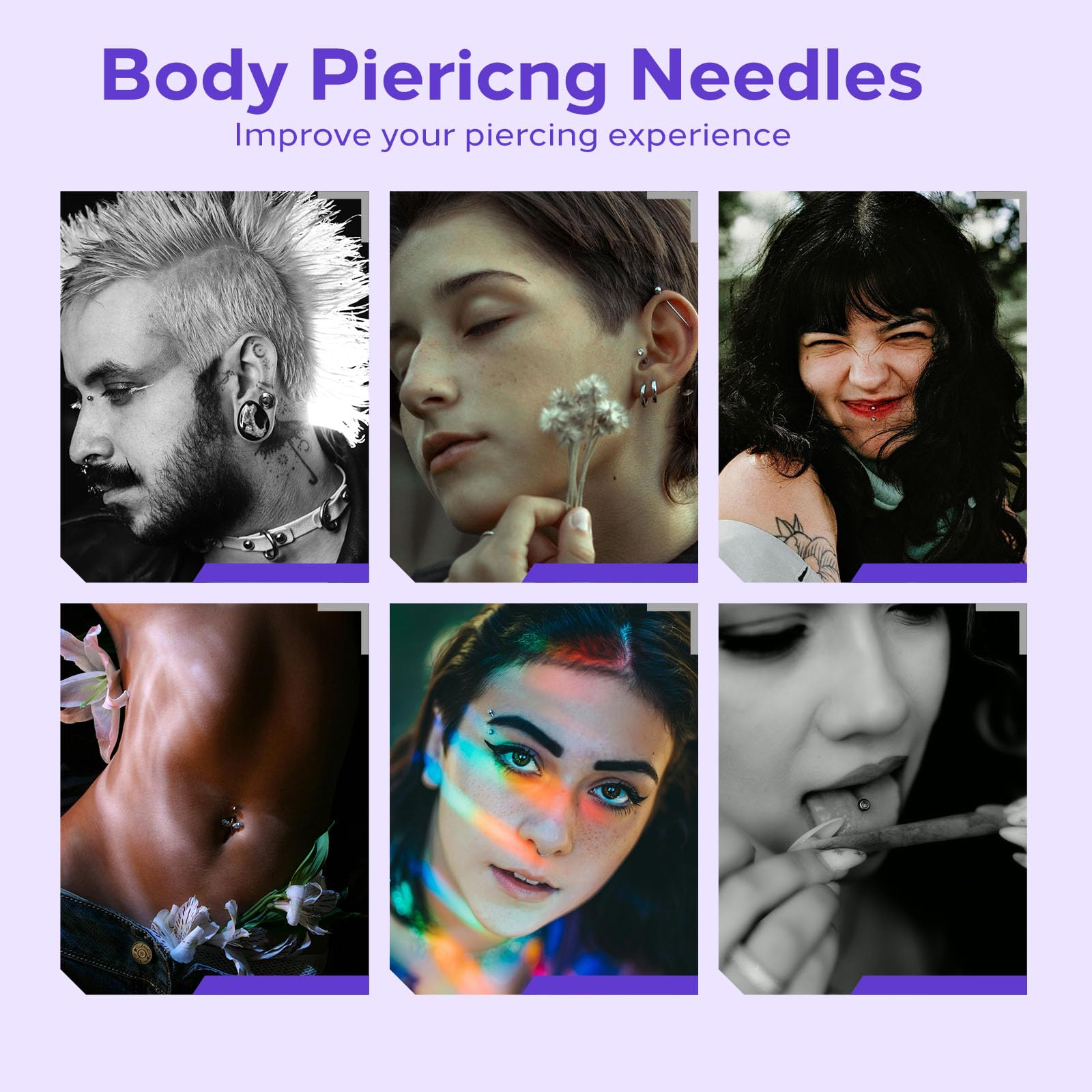 Usiriy kit de 100 agujas para piercing, empaque seguro y práctico.