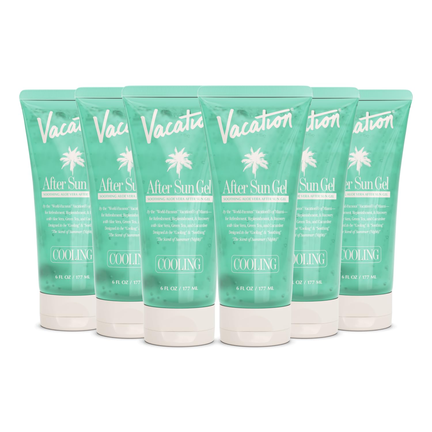 VACATION Mini After Sun Gel envase 1oz, alivio tras sol para piel hidratada.