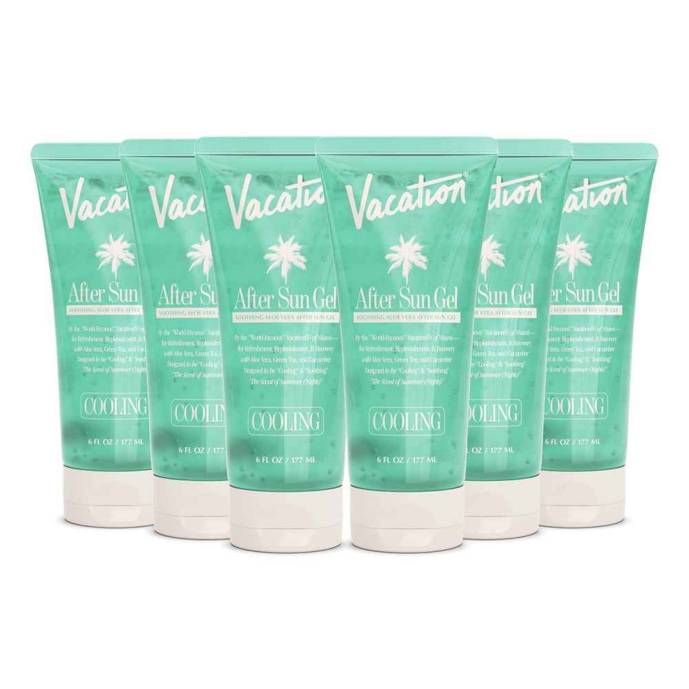 VACATION Mini After Sun Gel envase 1oz, alivio tras sol para piel hidratada.