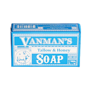 VanMan Sabón Barra: sebo de vaca presente, limpieza suave para piel sensible.