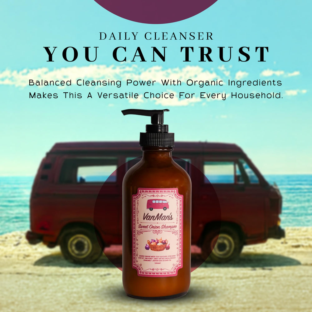 VanMan Shampoo Cebolla Dulce, botella de vidrio cuida la presentación y uso cómodo.
