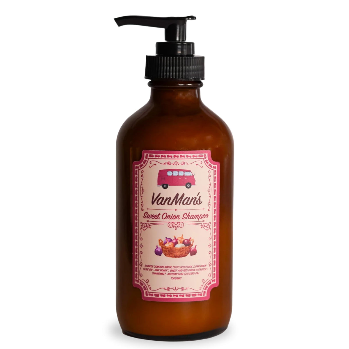 VanMan Shampoo Cebolla Dulce, bote de vidrio que ofrece limpieza suave y cabello manejable.