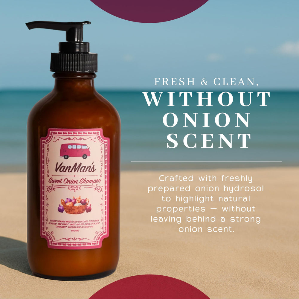 VanMan Shampoo Cebolla Dulce, textura cremosa con espuma suave sin resecar.