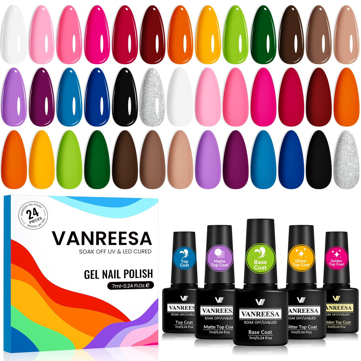 Vanreesa esmalte gel paleta de 19 colores para uñas vibrantes.