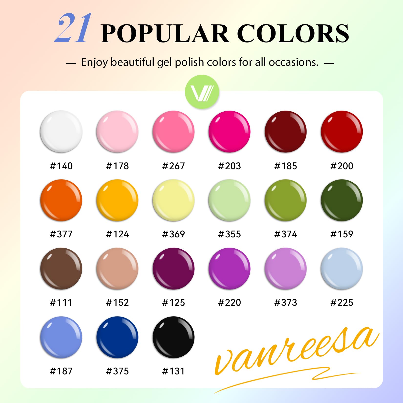Paleta de 21 tonos VANREESA para combinaciones modernas.