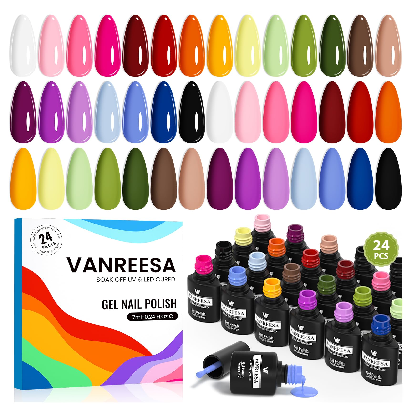 Set VANREESA de esmalte gel de 24 piezas para crear uñas profesionales en casa.