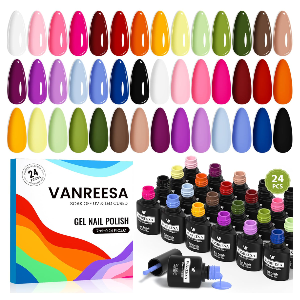Set VANREESA de esmalte gel de 24 piezas para crear uñas profesionales en casa.