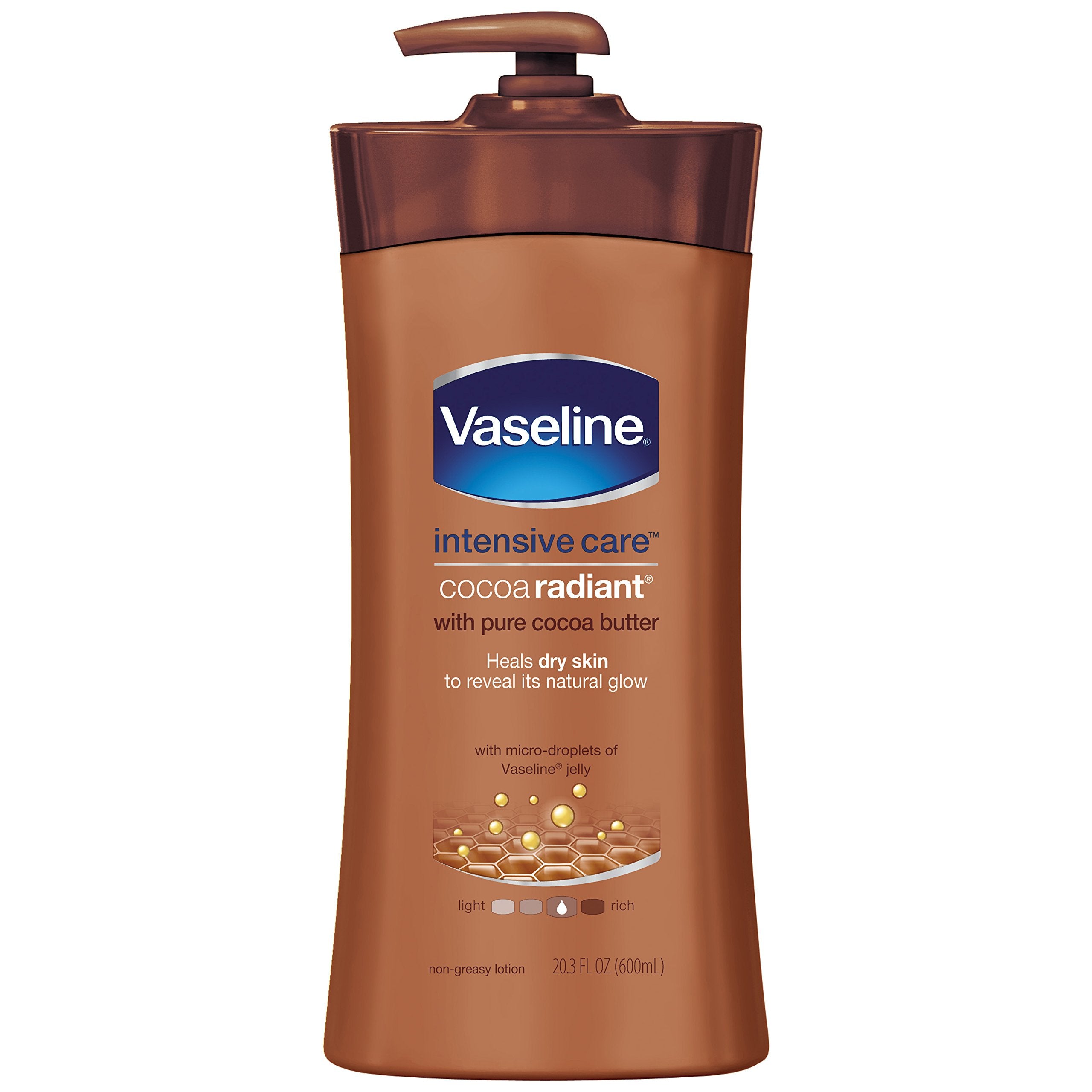 Vaseline Cuidado Intensivo cacao radiante, crema corporal en envase visible, hidrata sin grasa.