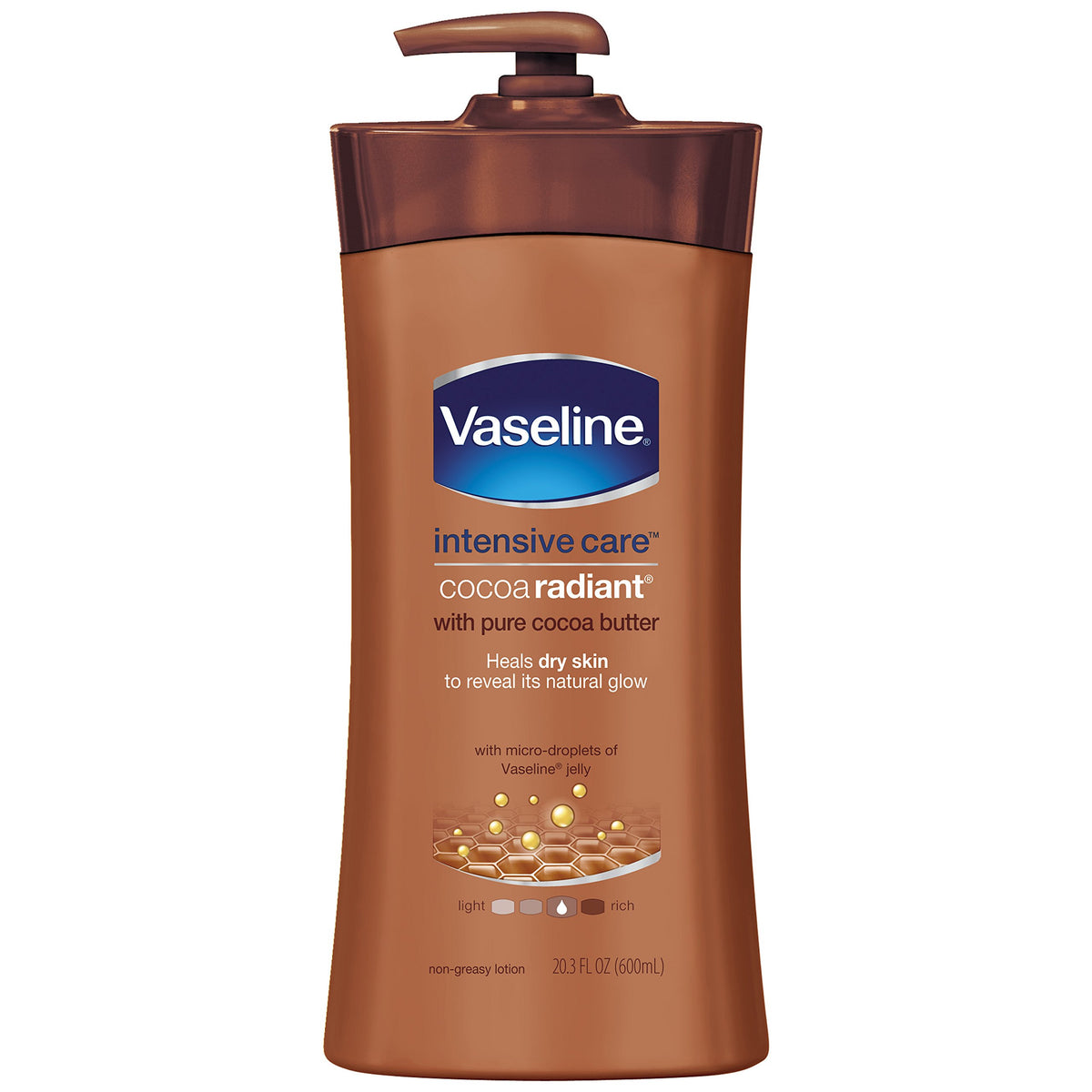 Vaseline Cuidado Intensivo cacao radiante, crema corporal en envase visible, hidrata sin grasa.