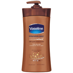 Vaseline Cuidado Intensivo cacao radiante, crema corporal en envase visible, hidrata sin grasa.