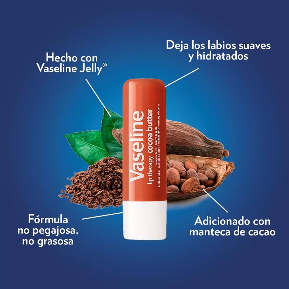 Aplicación suave y deslizante de Vaseline Lip Therapy Cocoa Butter.