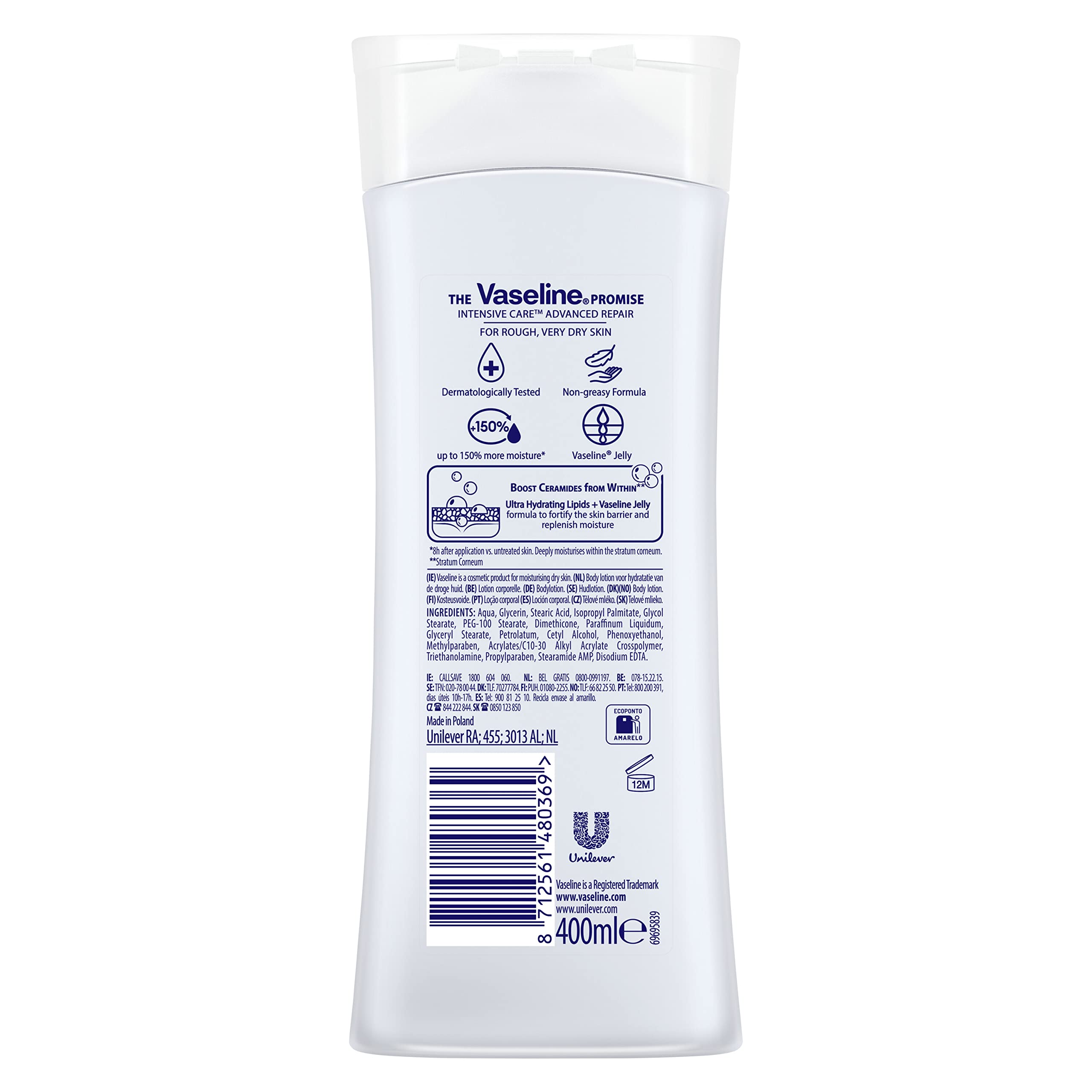 Vaseline piel hidratación constante para piel seca con absorción rápida.