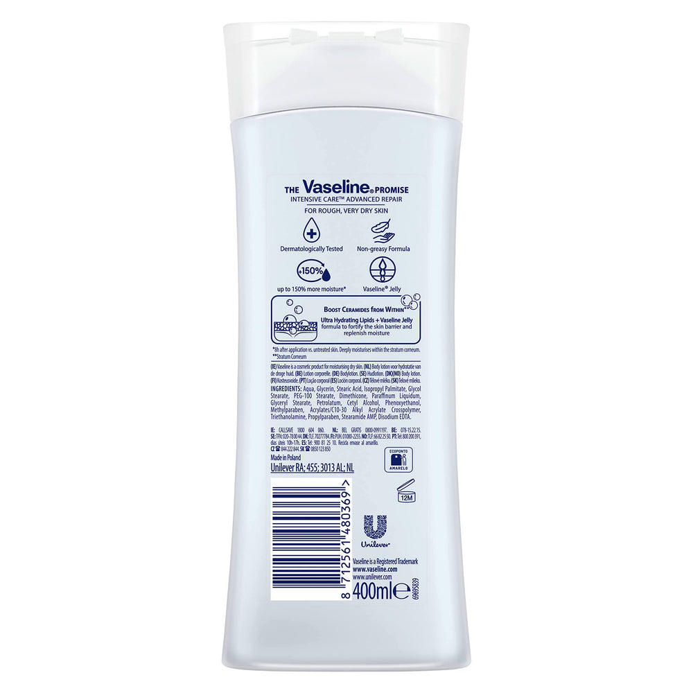 Vaseline piel hidratación constante para piel seca con absorción rápida.