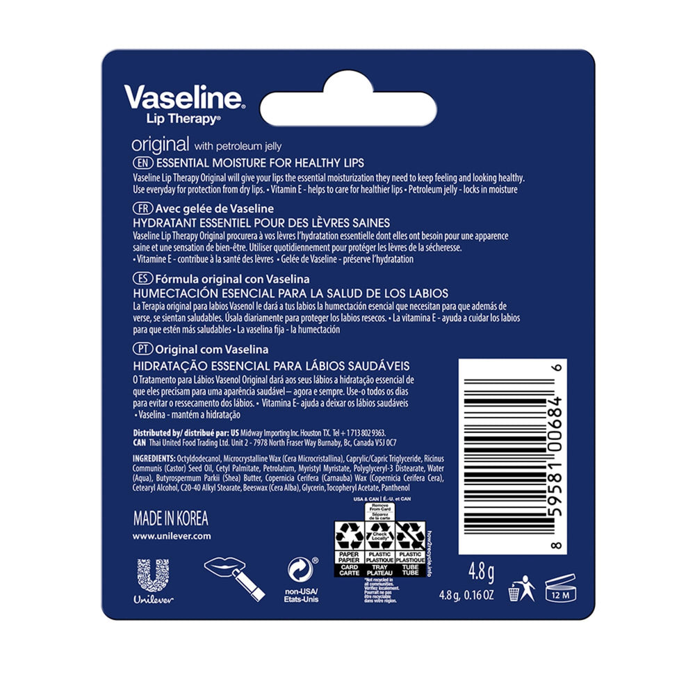 Vaseline Lip Therapy Original con aloe vera, calma la sequedad en labios