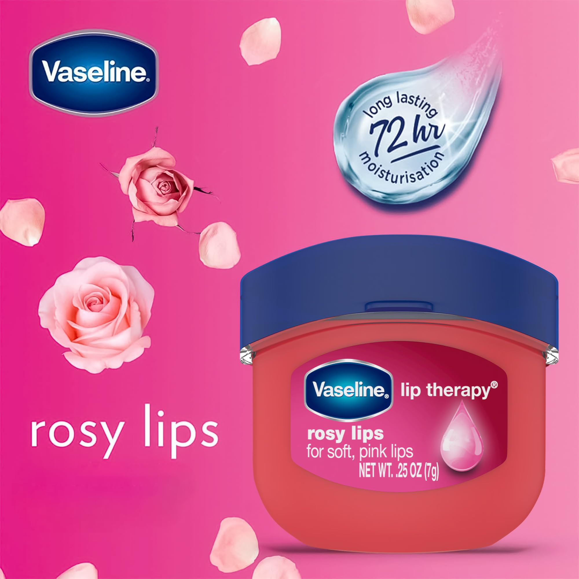 Vaseline Lip Therapy Rosy Lips mini tarro portátil para uso diario.