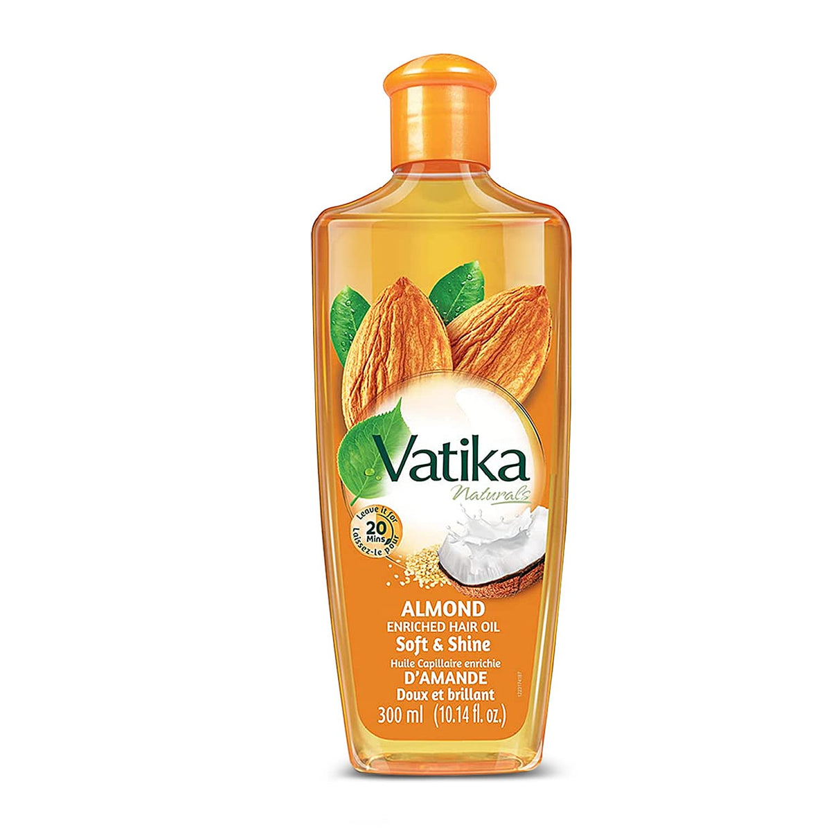 Vatika Naturals Dabur: botella con almendra para nutrición capilar y brillo.