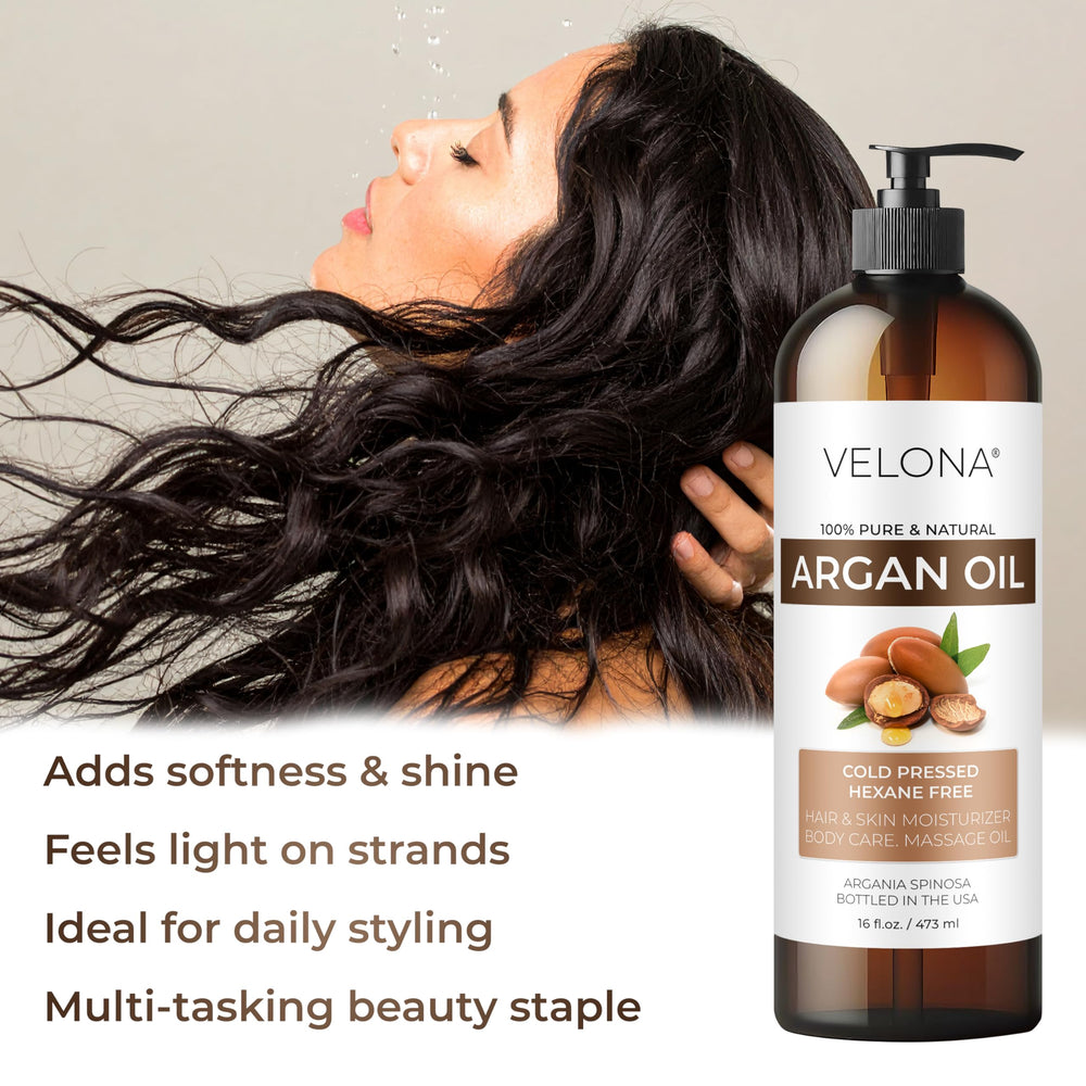 Cuidado diario del cabello con Velona Argán, brillo natural sin peso.