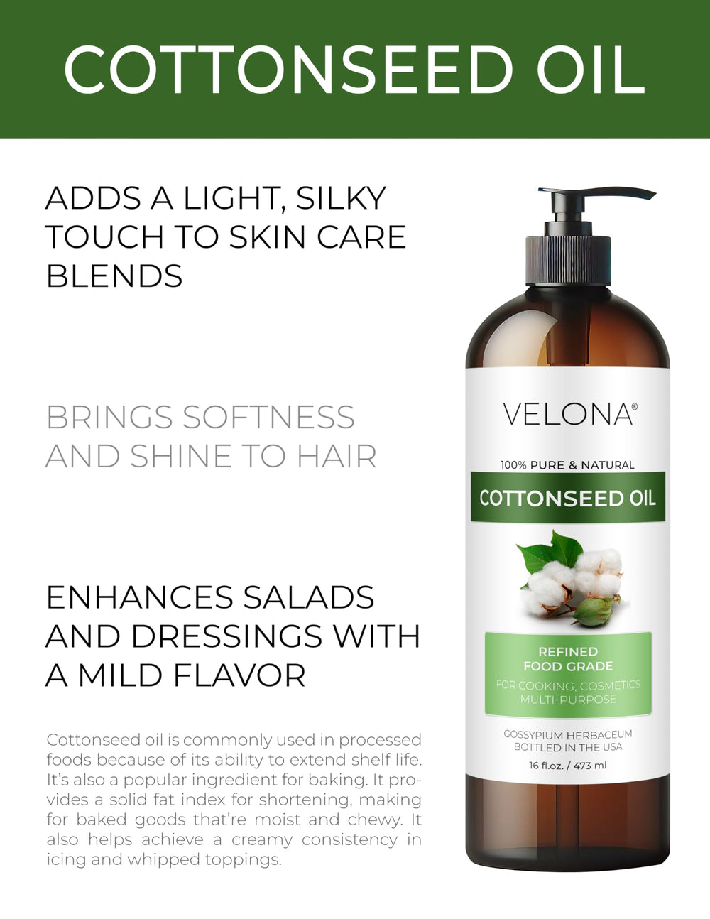 Velona aceite de semilla de algodón – aplicación cosmética suave para piel hidratada.