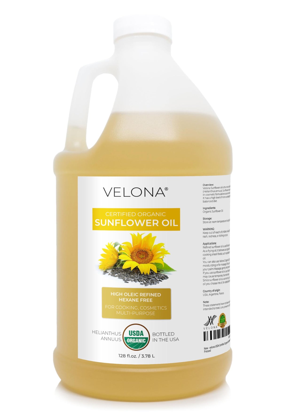 Velona aceite de girasol orgánico en botella, hidratación suave para la piel.