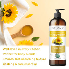 Velona aceite de girasol alto oleico, brillo suave para el cabello.