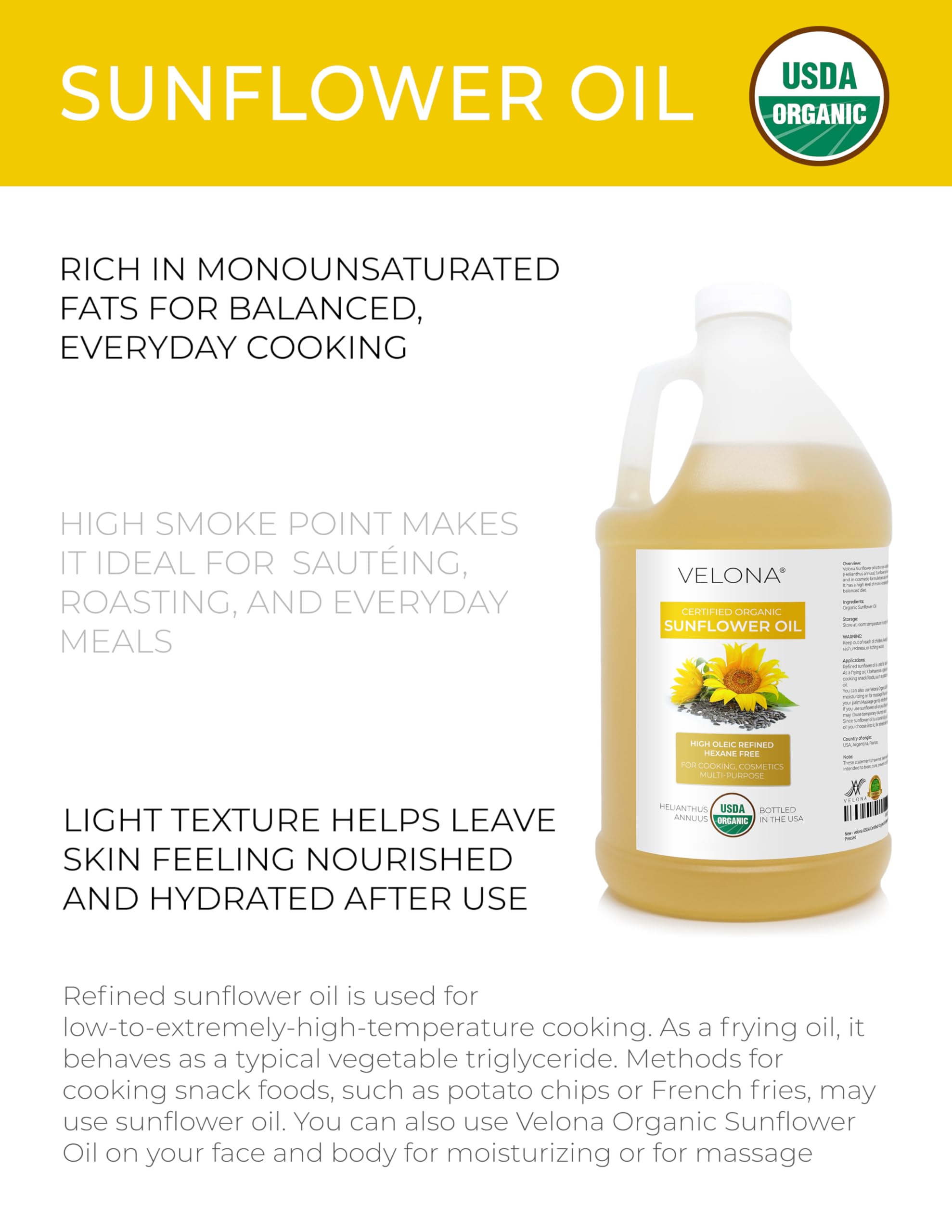 Velona aceite de girasol orgánico, absorción rápida para el cuidado diario del cuerpo.