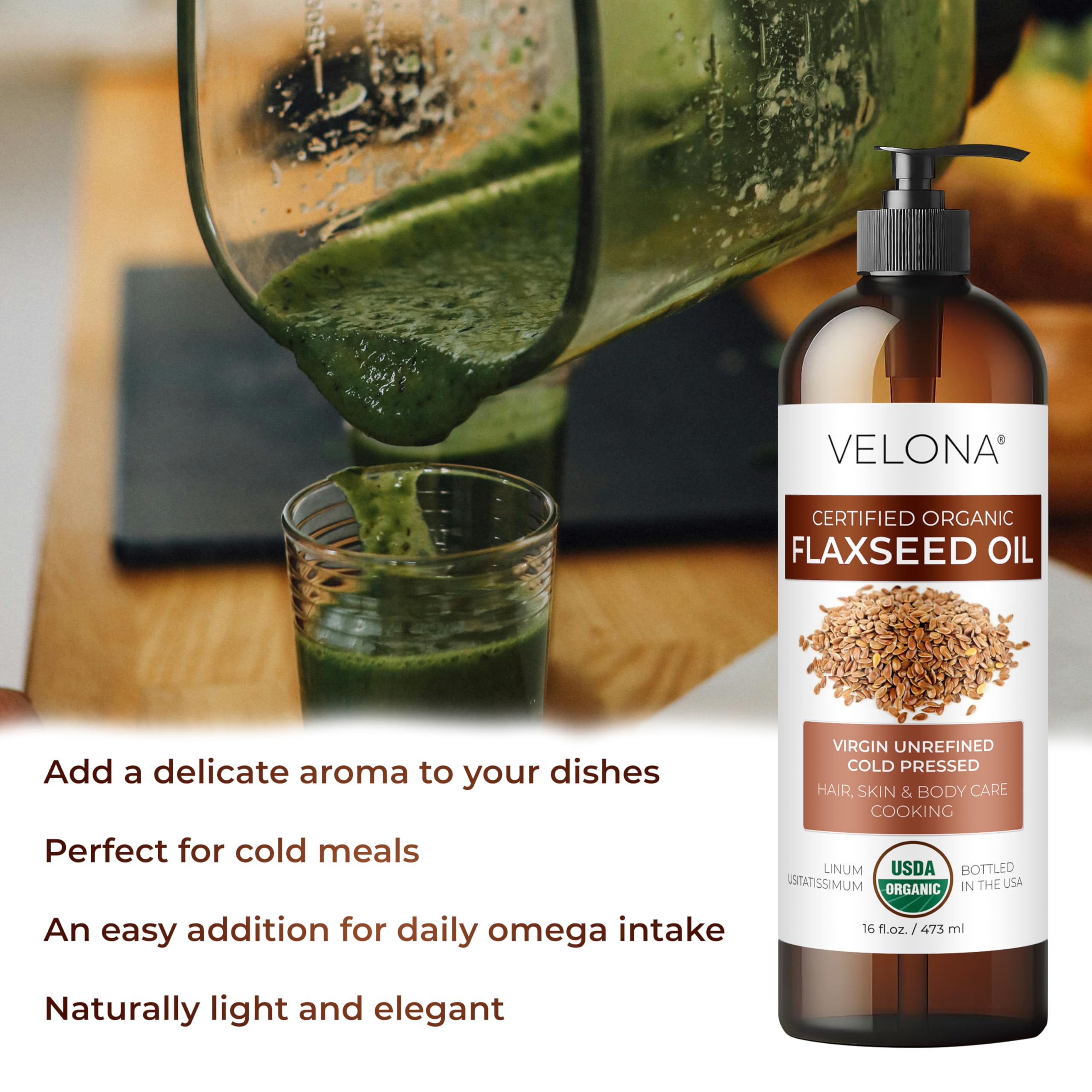 Velona aceite de linaza para ensaladas y aderezos ligeros.