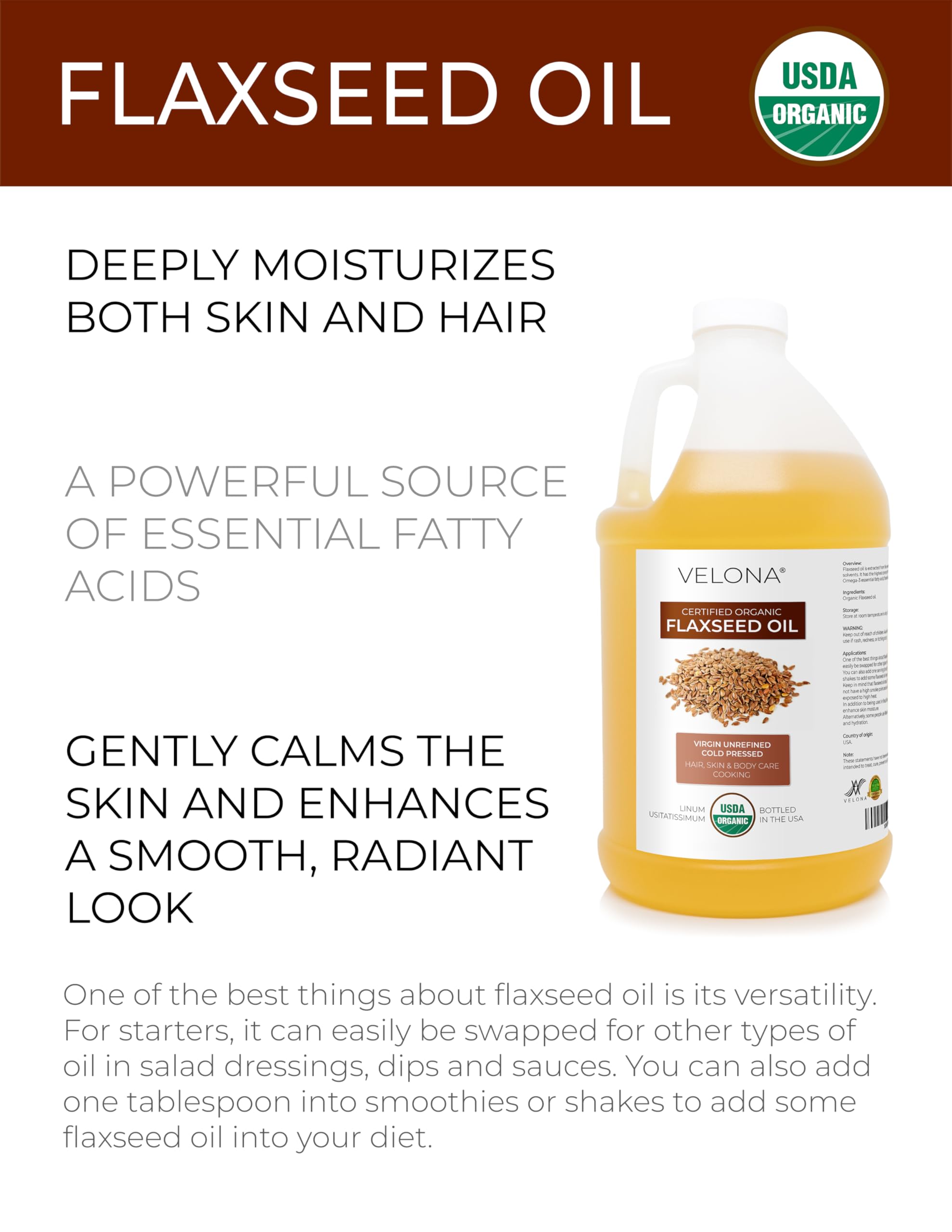 Velona aceite de linaza, textura sedosa para piel y cabello.