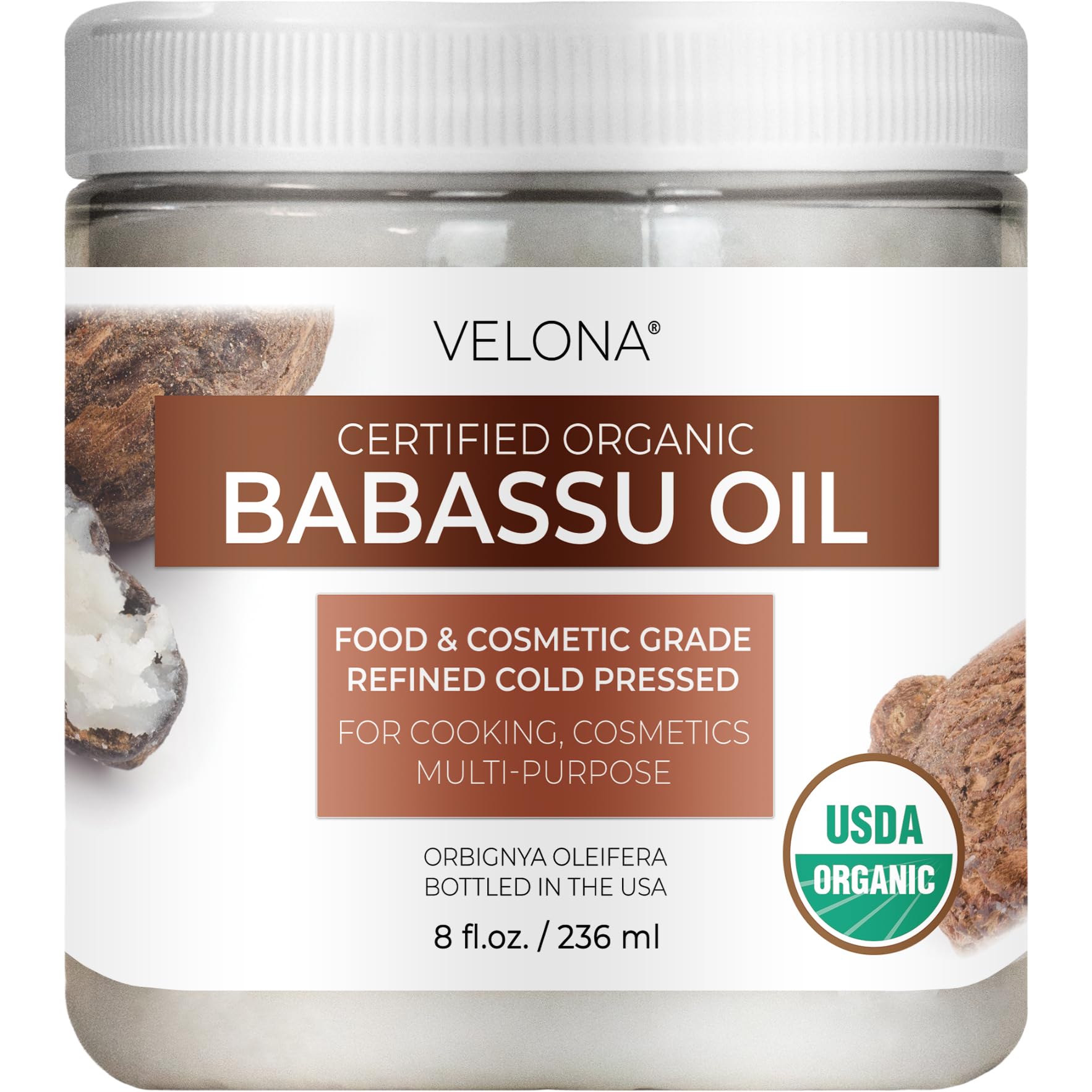 Velona Babassu Aceite frasco puro para uso diario en piel suave.