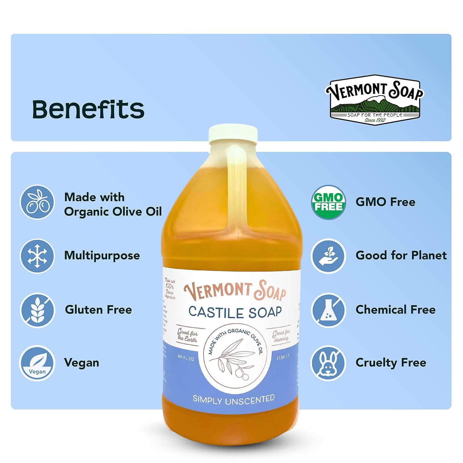 Vermont Castile Soap, envase-dispensador: dosis precisa y reducción de desperdicio.