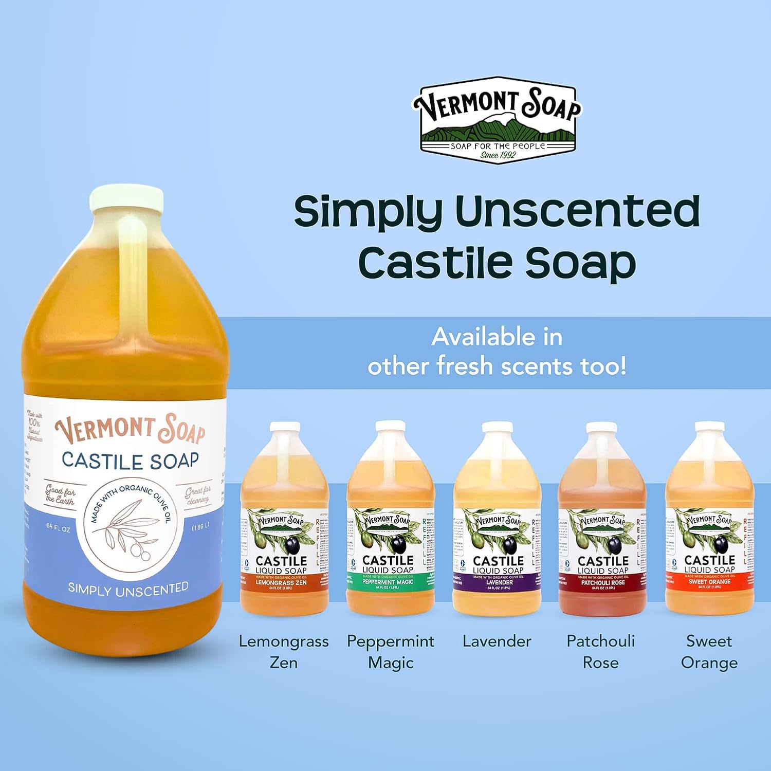Vermont Castile Soap, etiqueta-detalle: marca confiable y calidad artesanal desde 1992.