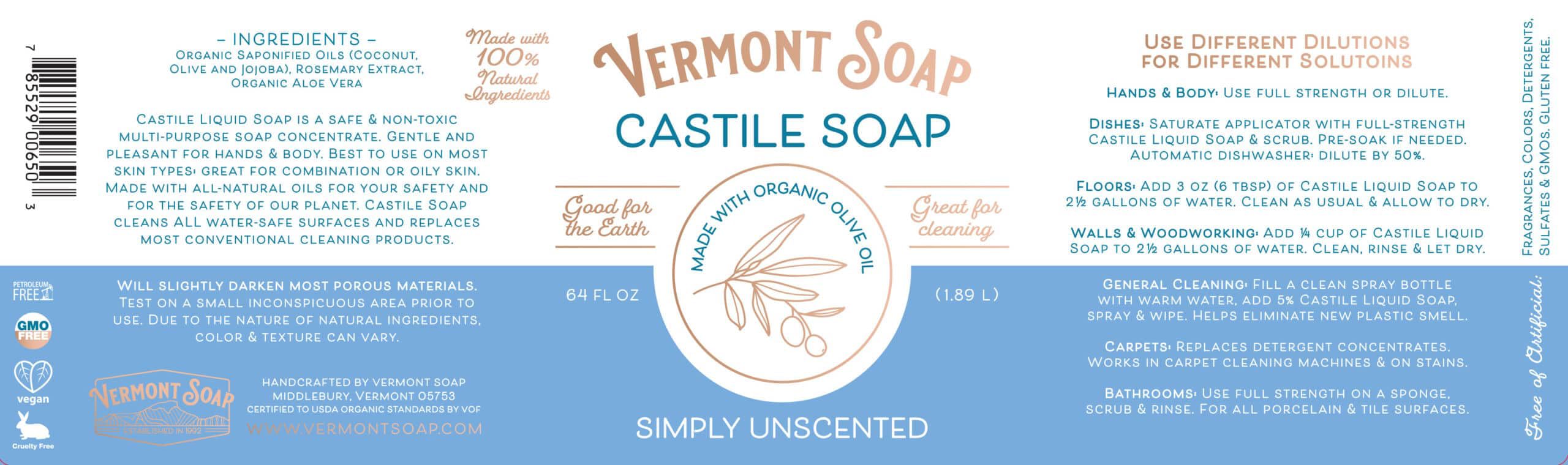 Vermont Castile Soap, uso-diario: suave para piel sensible sin fragancias.