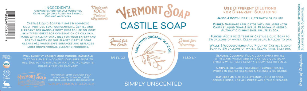 Vermont Castile Soap, uso-diario: suave para piel sensible sin fragancias.