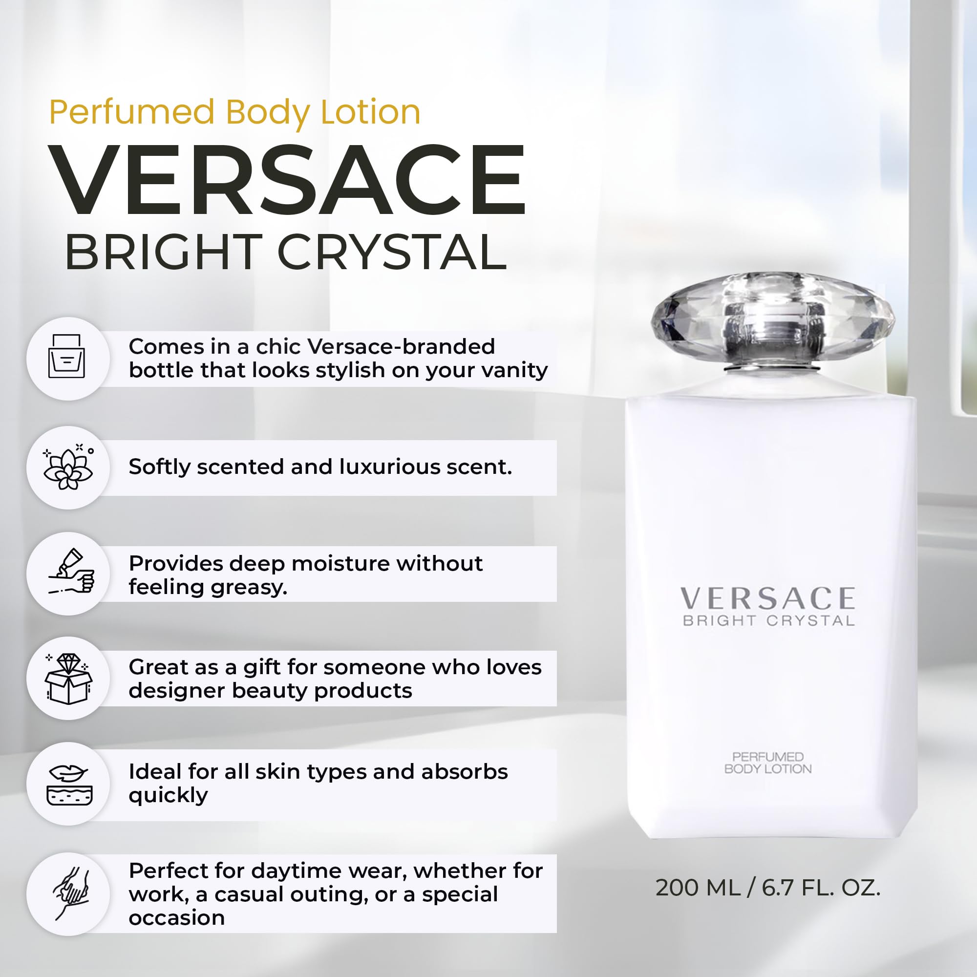 Versace Bright Crystal Loción Corporal, aplicación suave para piel hidratada.