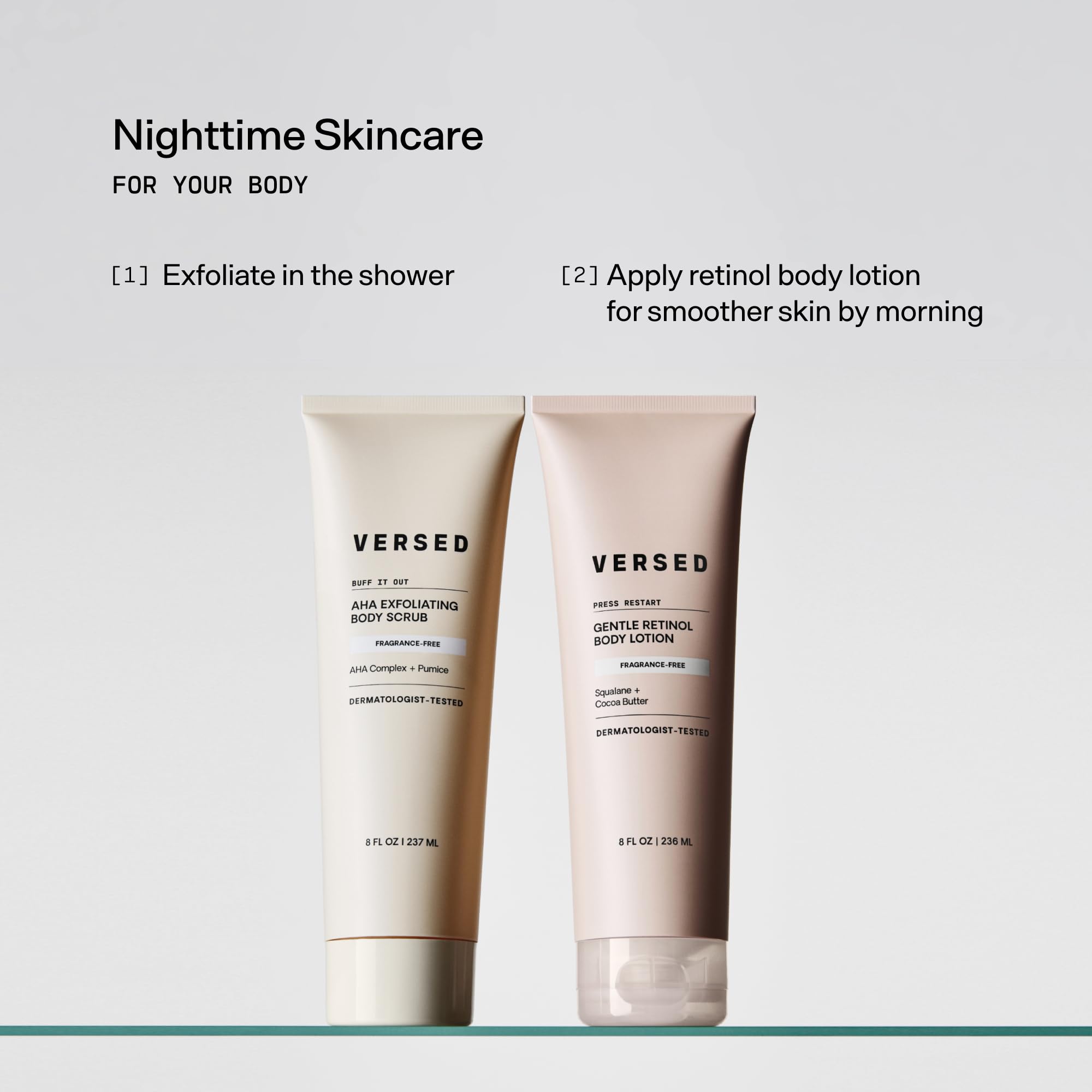 Versed Buff It Out, muestra de cuerpo en uso, facilita una exfoliación completa y suave.