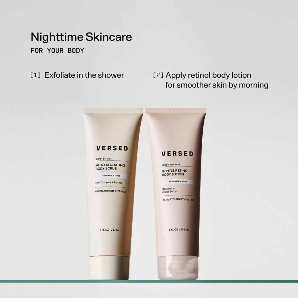 Versed Buff It Out, muestra de cuerpo en uso, facilita una exfoliación completa y suave.