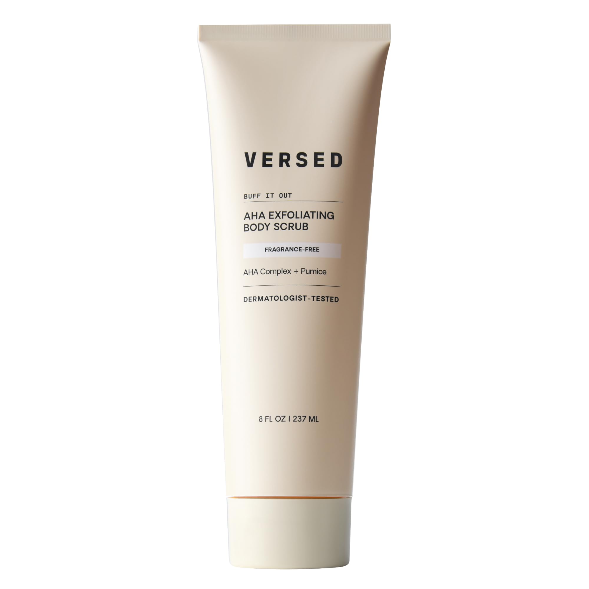 Versed Buff It Out, vista frontal del bote, exfoliante suave para piel suave y uniforme.