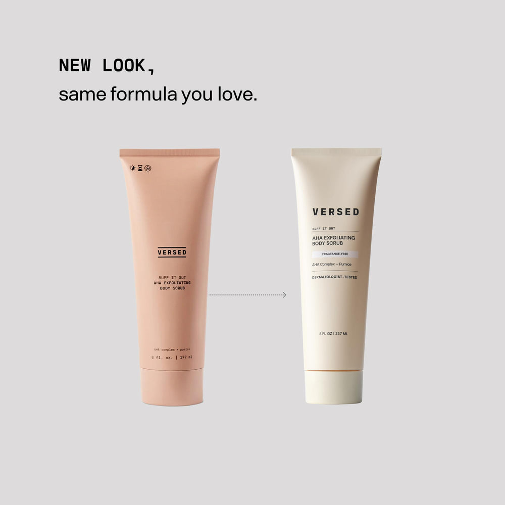Versed Buff It Out, granulos piedra pómez visibles, pulen la piel áspera para un acabado liso.