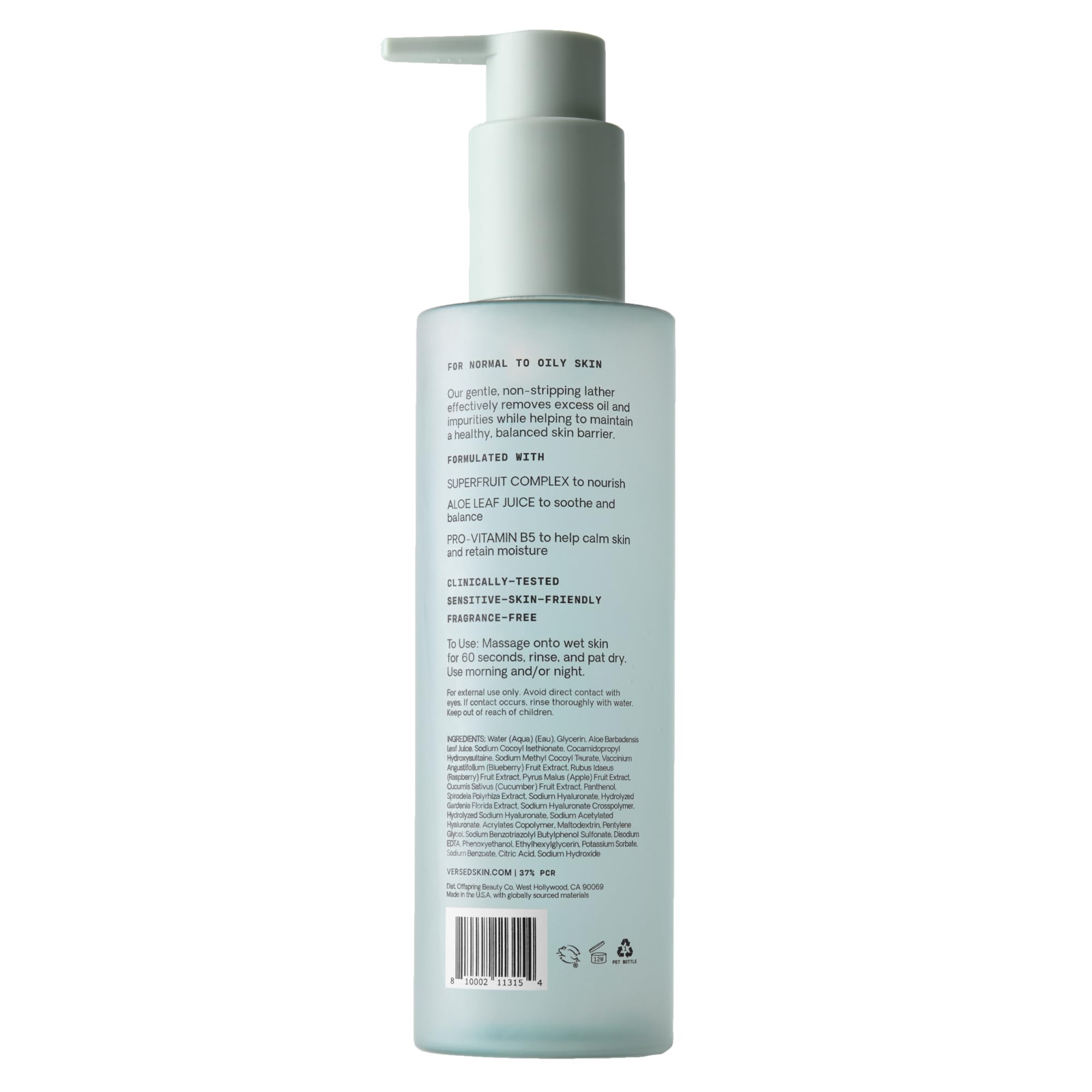 Versed Purist: etiqueta y envase detallados, confianza en ingredientes