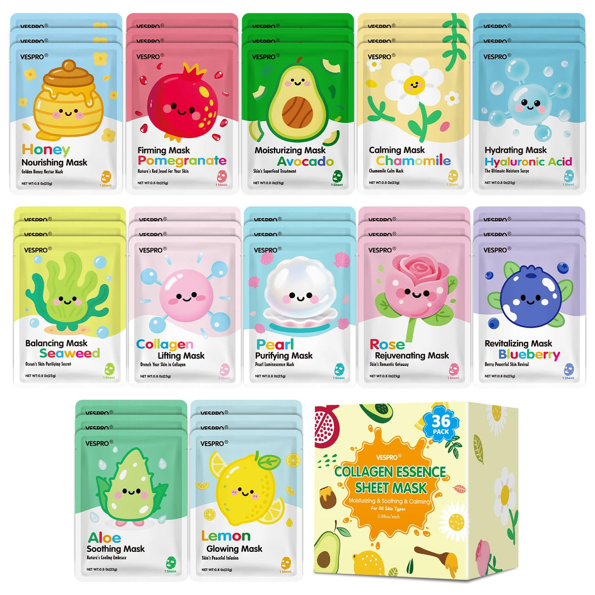 VESPRO 36-pack mascarillas faciales para hidratación diaria