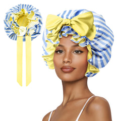 Gorrito de satén Vettres con rayas azules para protección del peinado durante la noche.