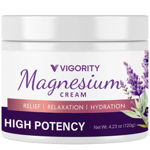 Vigority Crema de Magnesio: frasco con lavanda para relajación y confort muscular.