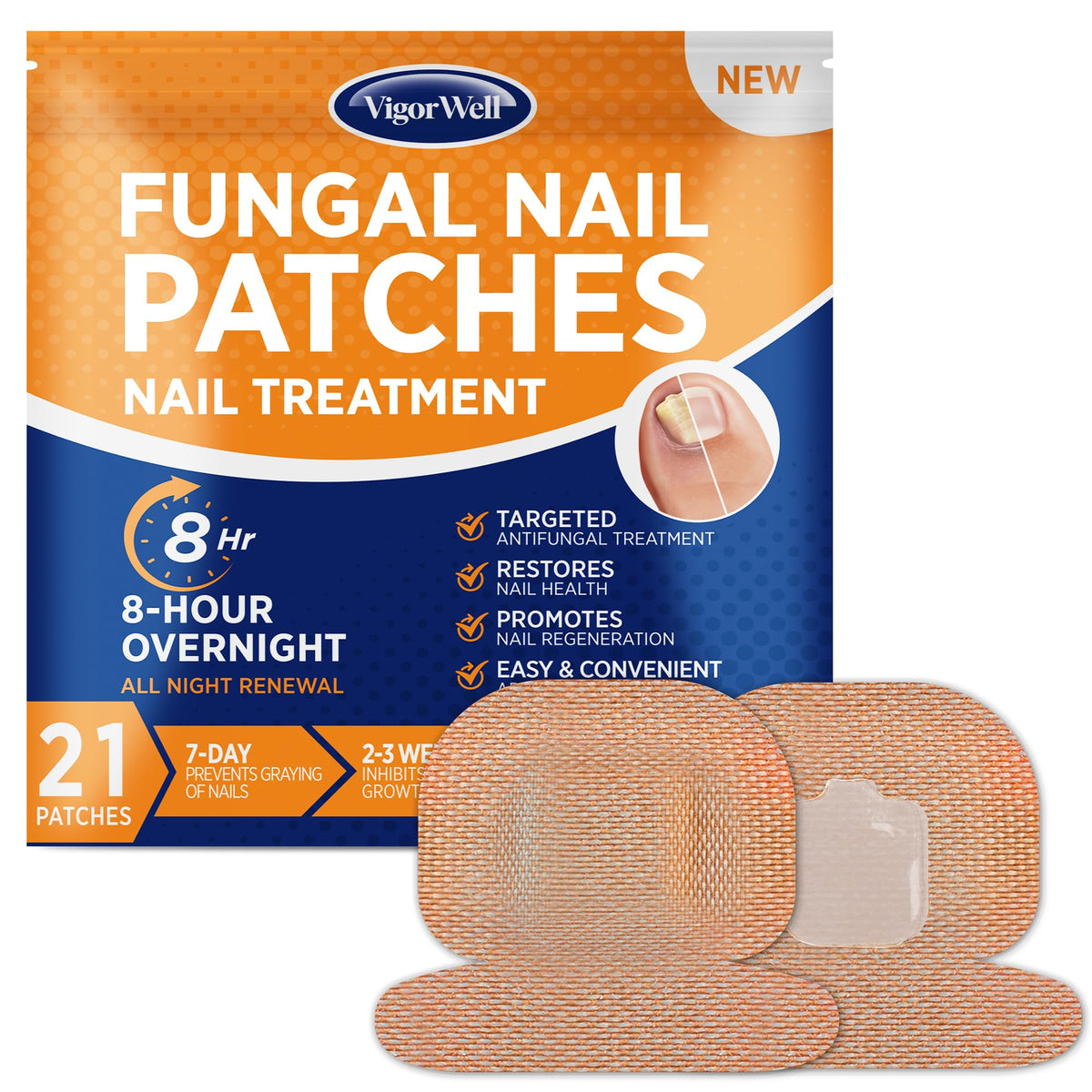 Parches Uñas Grandes Fuerza de VigorWell, uso nocturno discreto para uñas visibles.
