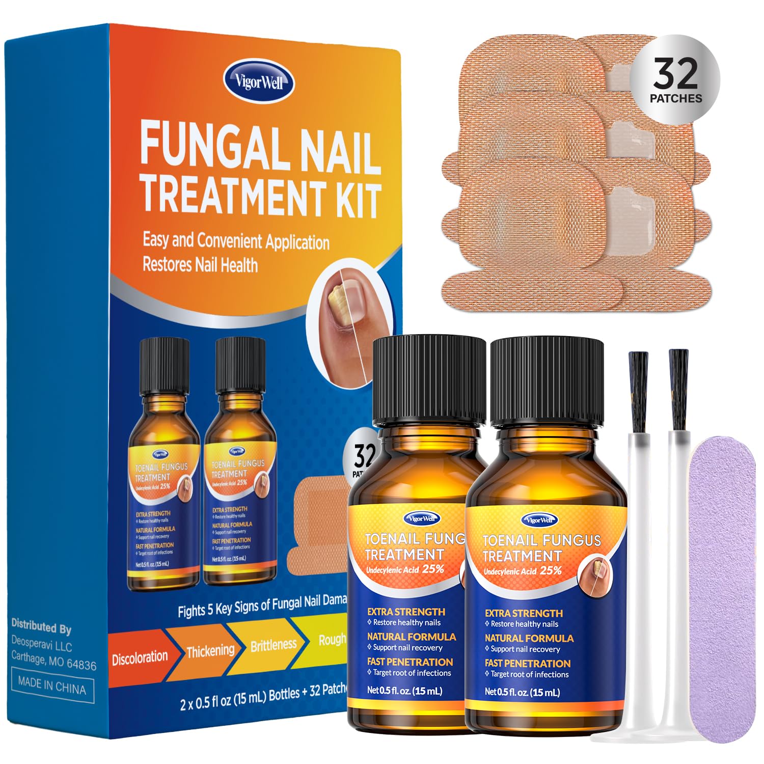 Tratamiento de uñas extra fuerza de VigorWell, bote vertido, aplicación rápida y controlada.