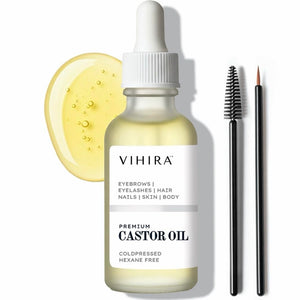 Vihira Aceite de Ricino Orgánico en botella de vidrio, para cuidado diario de cabello y piel.