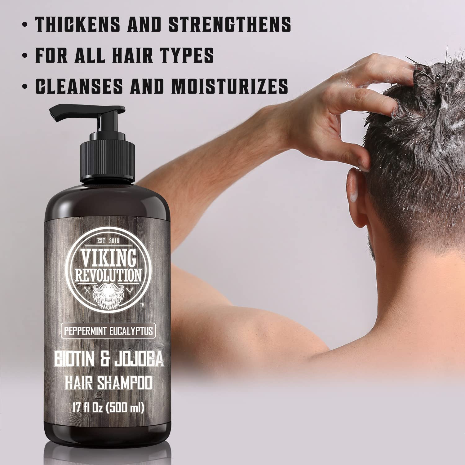 Champú Viking Revolution con dispensador ergonómico, fácil de usar bajo la ducha.