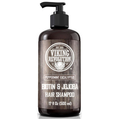 Champú Viking Revolution con biotina para hombres, frasco dispensador, sensación fresca y uso diario.
