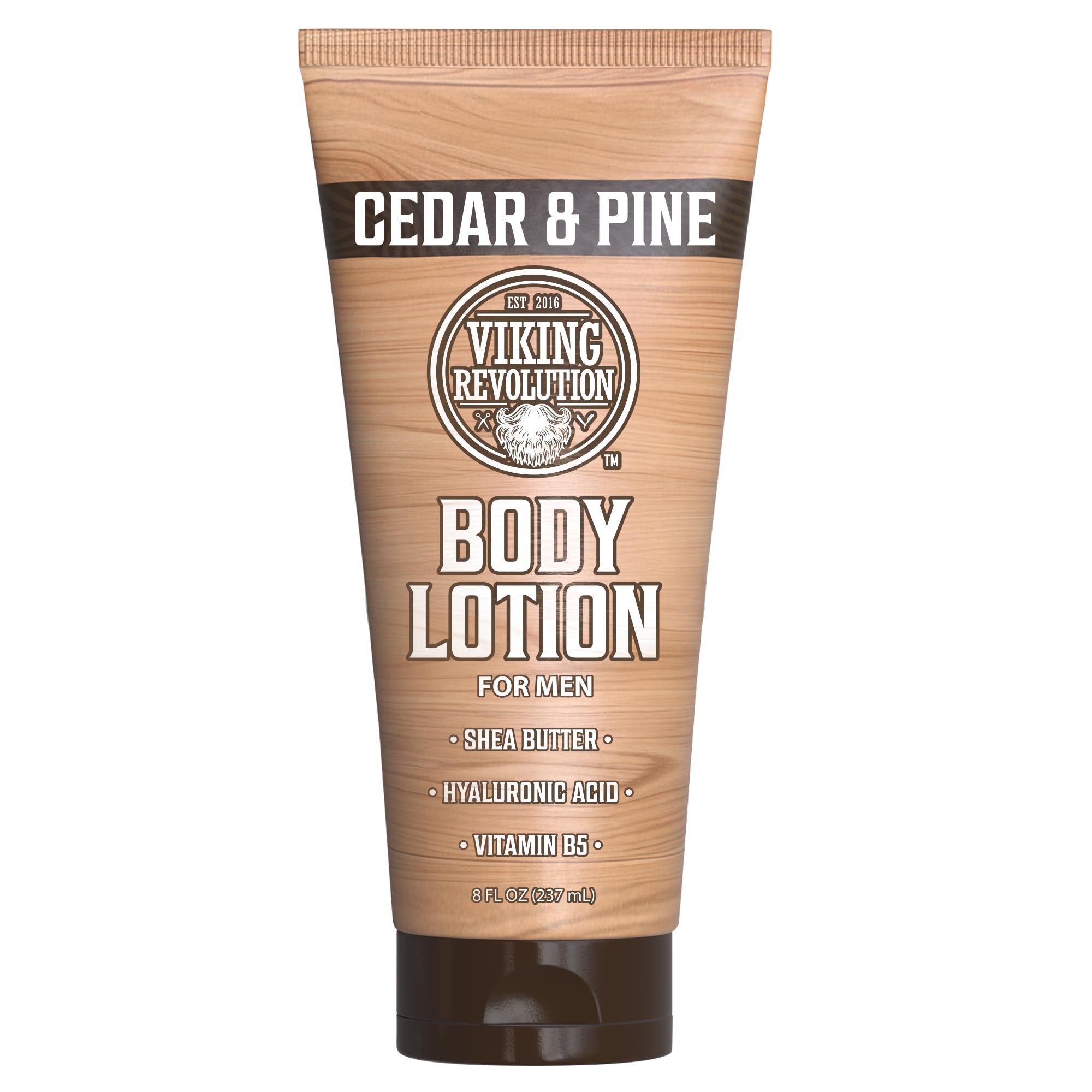 Loción corporal Viking Revolution para hombres con aroma a cedro y pino, hidratación duradera.