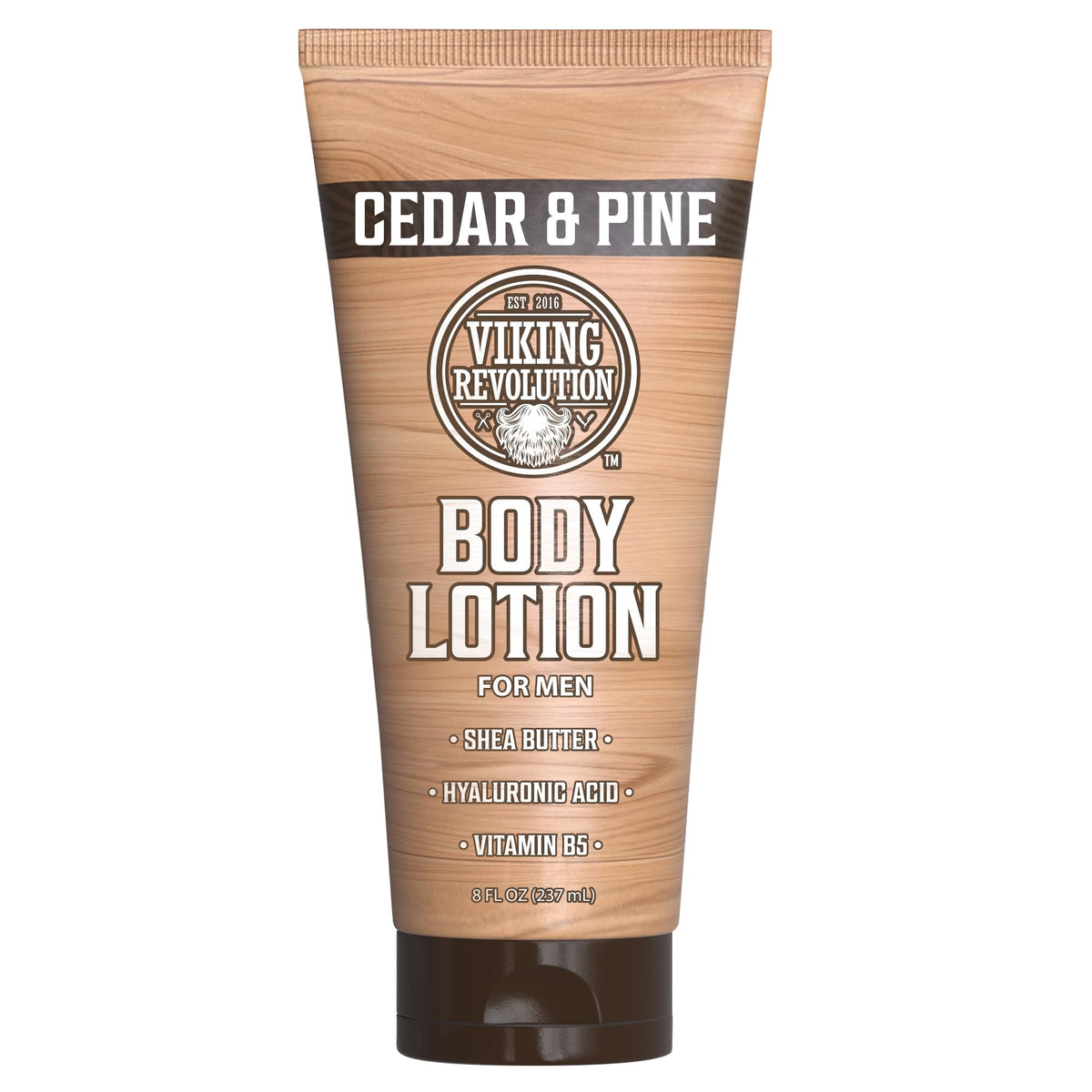 Loción corporal Viking Revolution para hombres con aroma a cedro y pino, hidratación duradera.