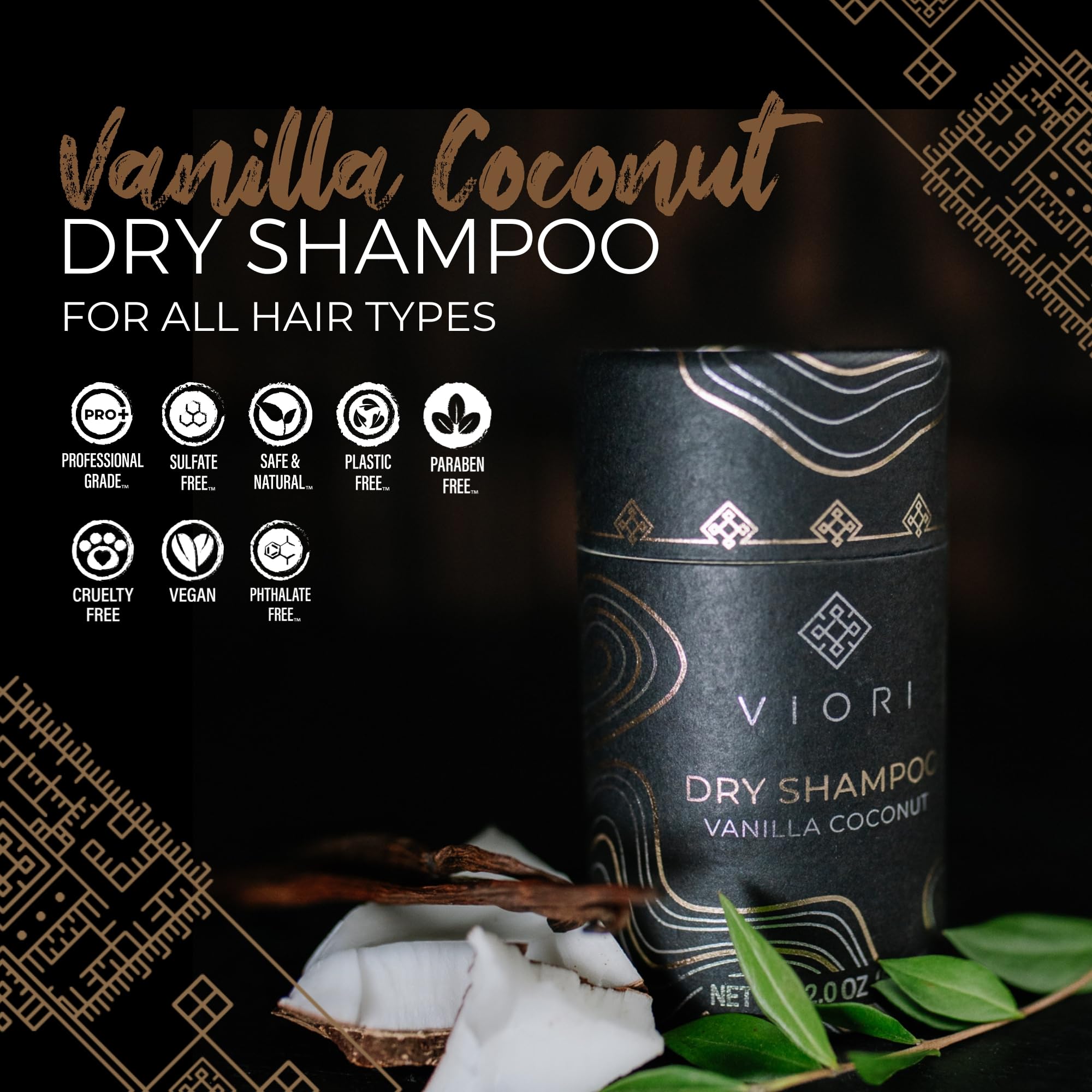 Envase de Viori polvo champú seco con aroma vainilla coco suave