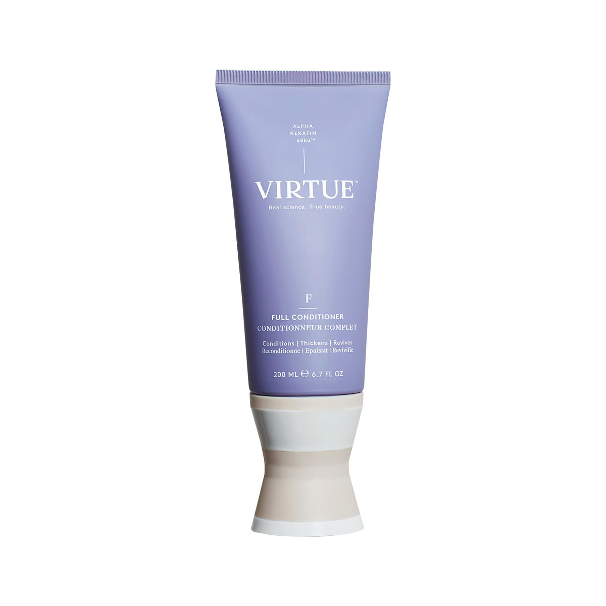 Acondicionador VIRTUE Full en bote, aporta volumen ligero sin pesadez.